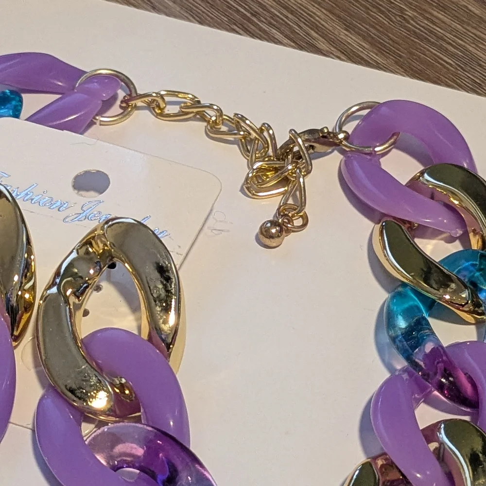 Purple and Blue Chain Necklace and Earring Set - Picture 2 of 2